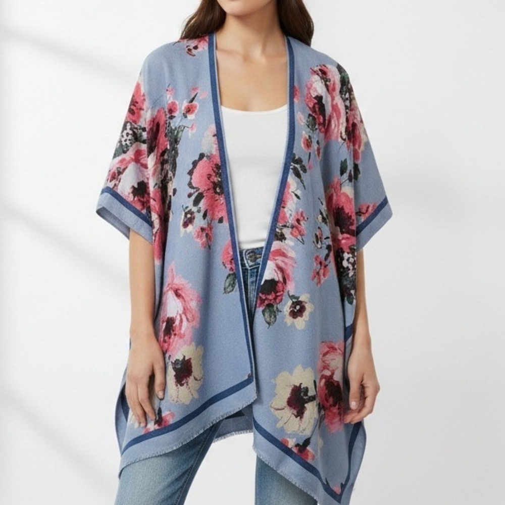 Nine‎ West Womens Floral Kimono Cardigan Open Front Blue Size Medium